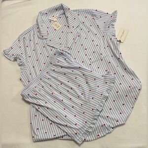 Laura Ashley XL Womens Blue & White Striped Pajama Set with Red Hearts NWT